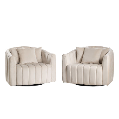 Upholstered Oversized 360 Degree Swivel Accent Barrel Chair And Half Cozy Sofa With 3 Pillows, Channel Tufted Pumpkin Shape Club Armchair For Living Room, Bedroom, Office, Lounge - Beige