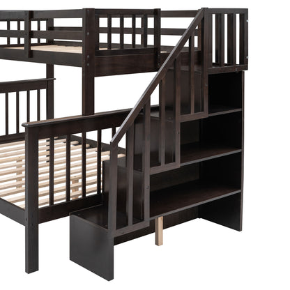 Twin Over Full Stairway Bunk Bed With Drawer, Storage And Guard Rail For Bedroom - Espresso