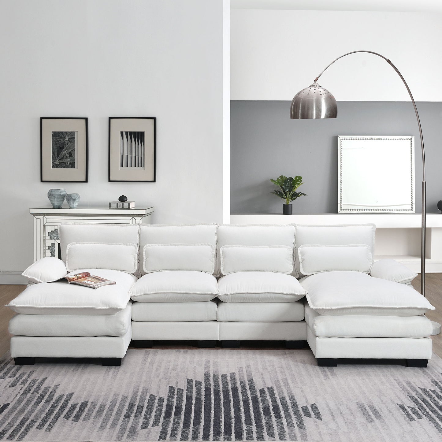 Modern U-Shaped Sectional Sofa With Waist Pillows, 6 Seat Upholstered Symmetrical Sofa Furniture, Sleeper Sofa Couch With Chaise Lounge - White
