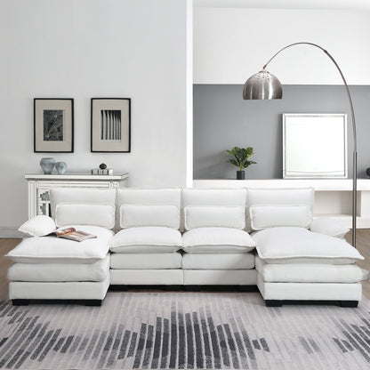 Modern U-Shaped Sectional Sofa With Waist Pillows, 6 Seat Upholstered Symmetrical Sofa Furniture, Sleeper Sofa Couch With Chaise Lounge - White