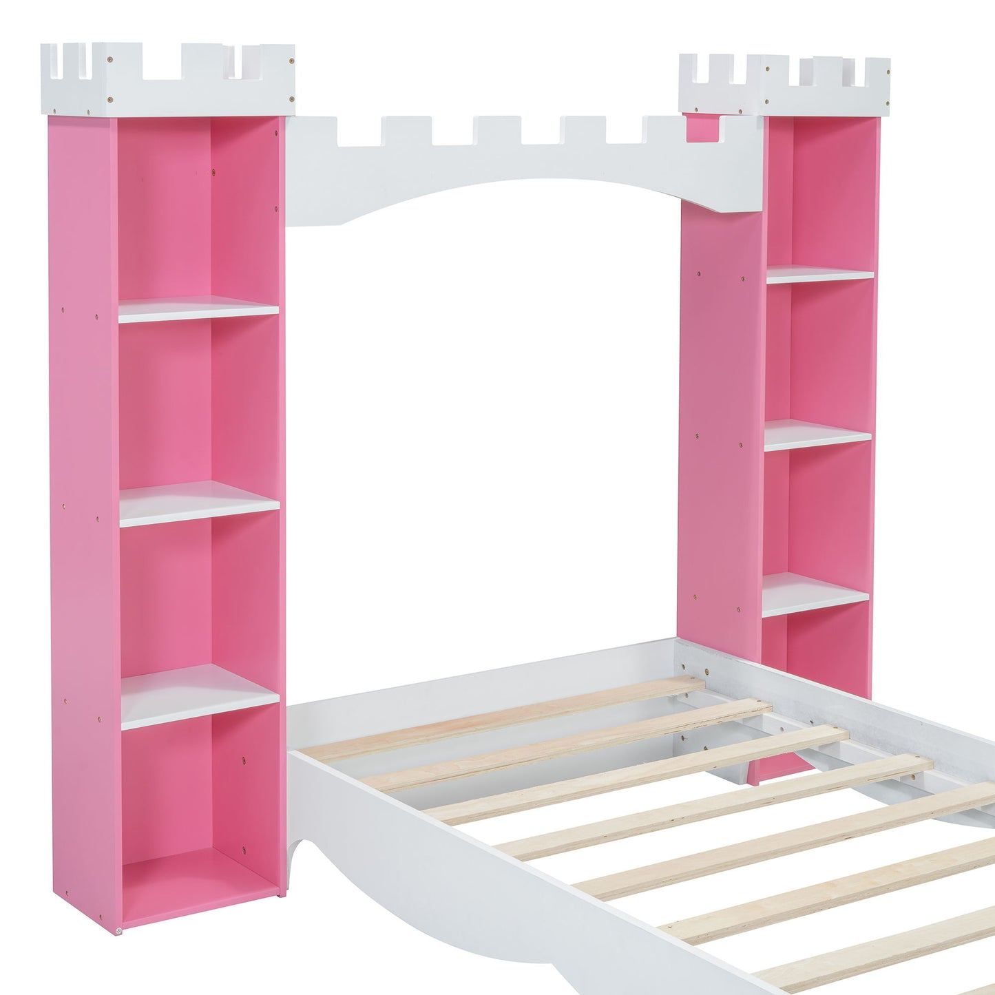 Castle Shaped Bed With Storage Shelf, Dreamy Twin Size Platform Bed For Kids Bedroom - Pink / White