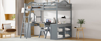 Full Loft Bed With U Shaped Desk, Storage Compartments And Tri Fold Mirror - Gray