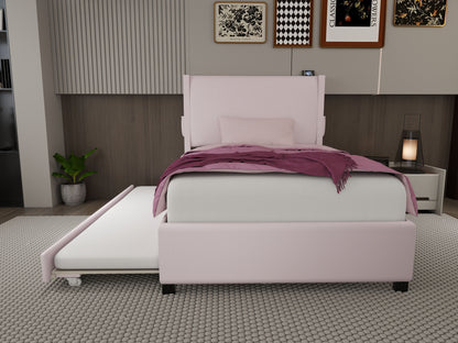 Twin Size Upholstered Bed Frame With Trundle Bed, Teddy Fabric, USB Functionality, And A Pocket Design On The Side Of The Headboard For Storing Small Items - Baby Pink