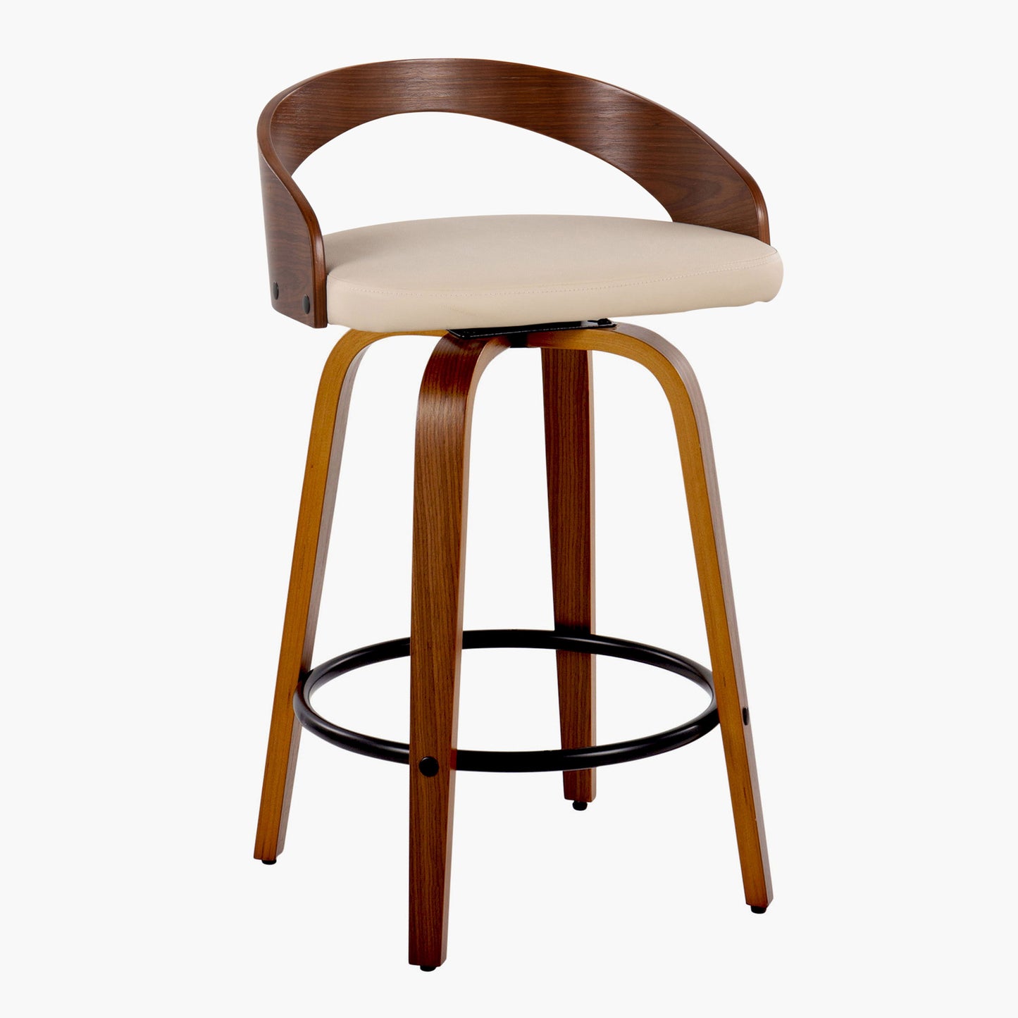 Grotto - Mid-Century Modern Fixed Height Counter Stool With Swivel & Round Footrest (Set of 2) - Walnut / Cream