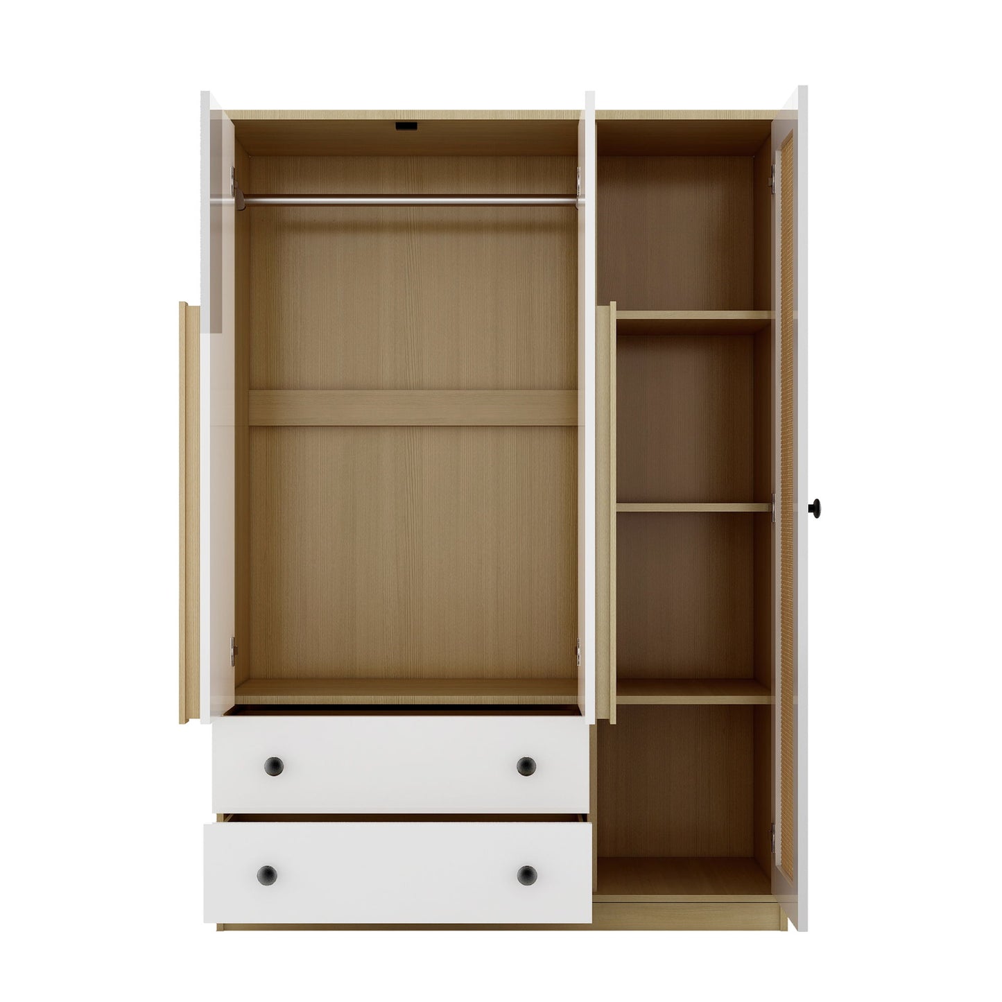 3 Doors Rattan Wardrobe Storage For Bedroom, With 2 Drawers - White / Nature