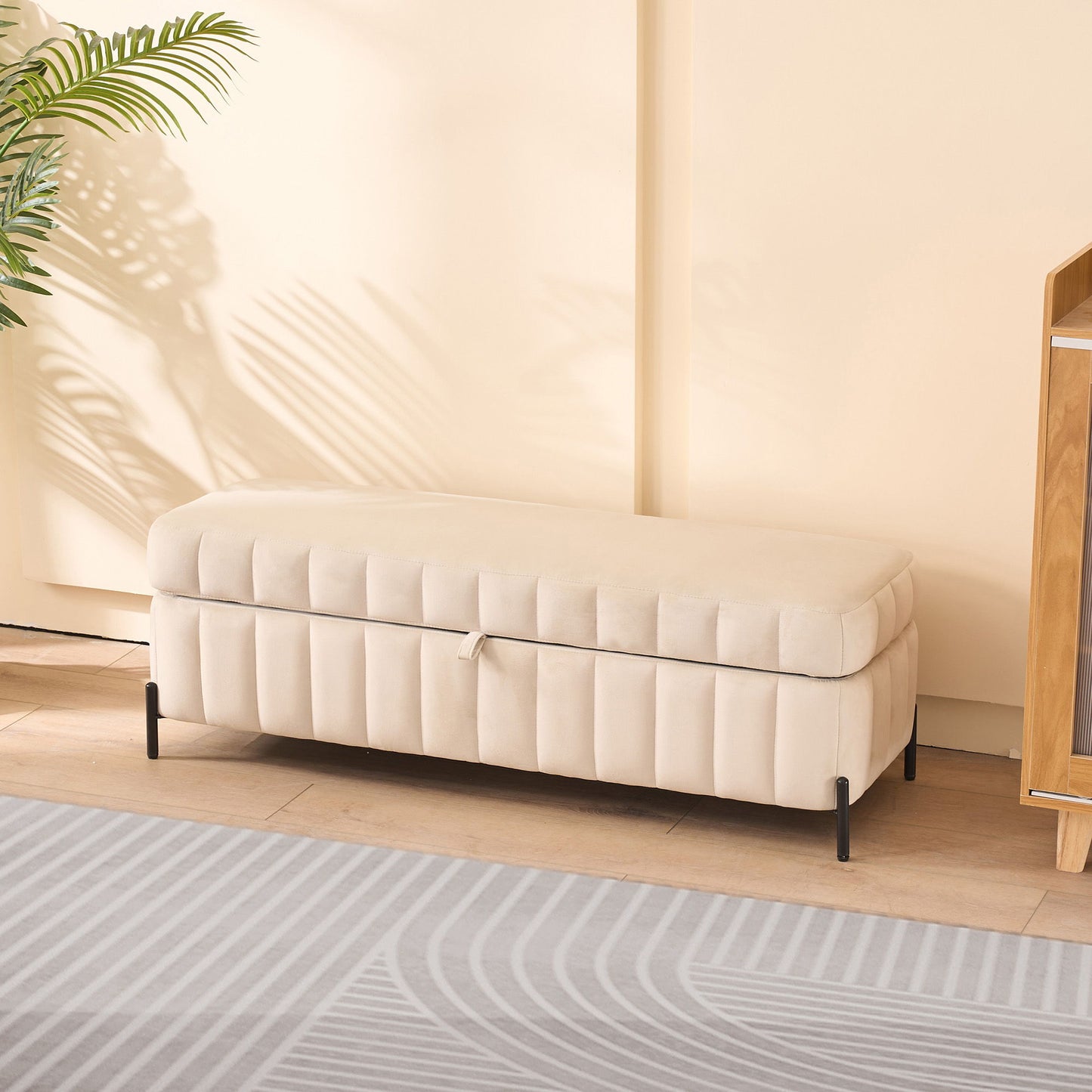 Wide Upholstered Velvet Storage Soft Bench Footstool Ottoman End Of Bed With Metal Legs, Foot Rest For Living Room, Entryway And Bedroom - Beige