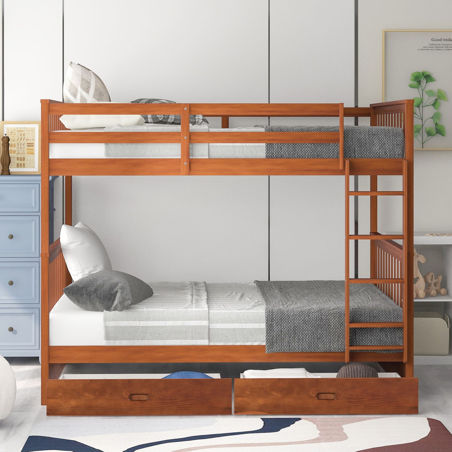 Full Over Full Bunk Bed With Ladders And 2 Storage Drawers - Walnut
