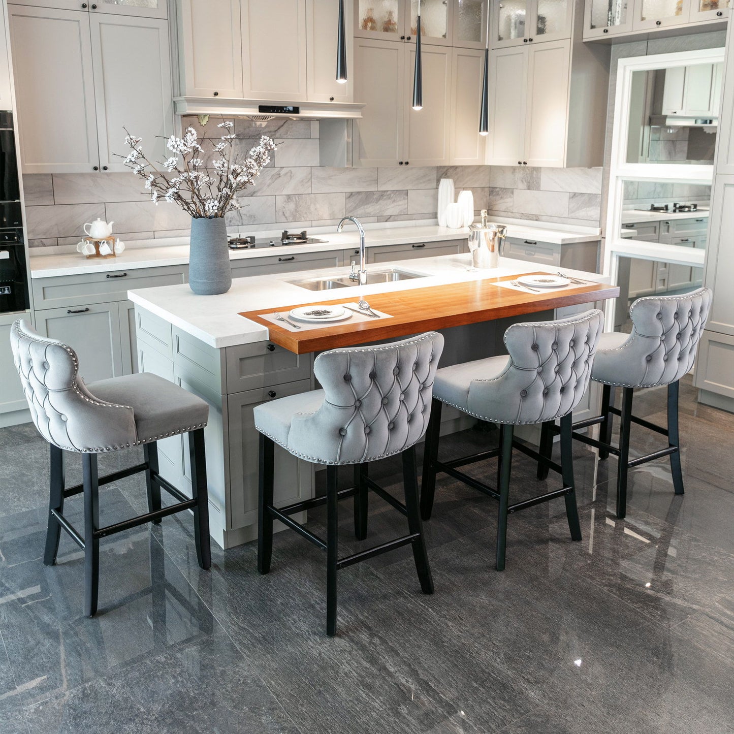 Contemporary Velvet Upholstered Wing-Back Barstools With Button Tufted Decoration And Wooden Legs, And Chrome Nailhead Trim, Leisure Style Bar Chairs, Bar Stools (Set of 2) - Gray