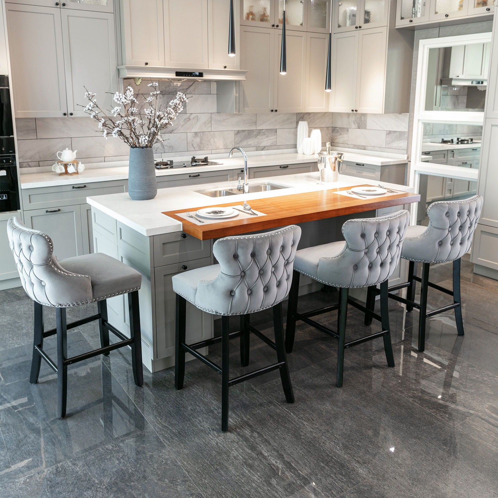 Contemporary Velvet Upholstered Wing-Back Barstools With Button Tufted Decoration And Wooden Legs, And Chrome Nailhead Trim, Leisure Style Bar Chairs, Bar Stools (Set of 4) - Gray