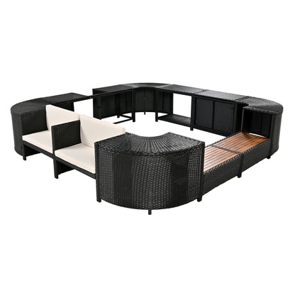 Spa Surround Spa Frame Quadrilateral Outdoor Rattan Sectional Sofa Set With Mini Sofa, Wooden Seats And Storage Spaces - Beige