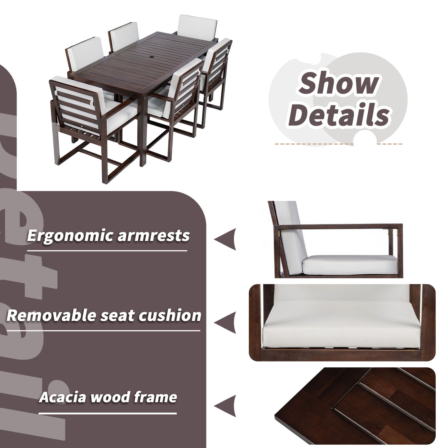 Patio Dining Set Outdoor Dining Table And Chair Set With And Removable Cushions For Patio, Backyard, Garden - Dark Brown