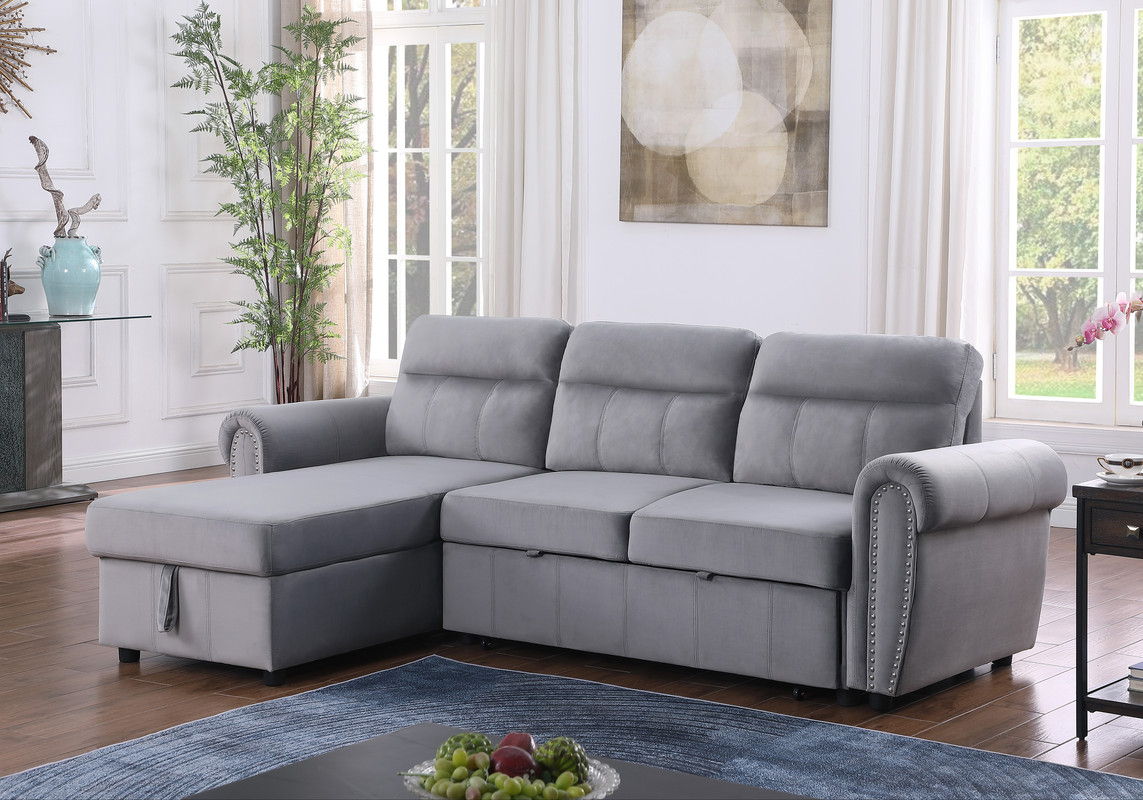 Ashton - Velvet Fabric Reversible Sleeper Sectional Sofa Chaise - Gray