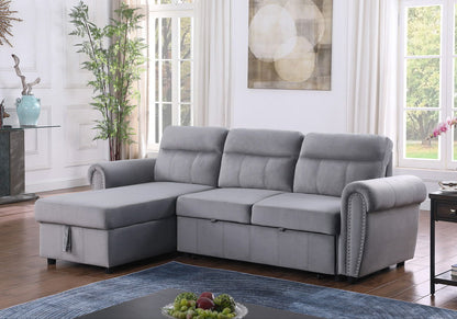 Ashton - Velvet Fabric Reversible Sleeper Sectional Sofa Chaise - Gray