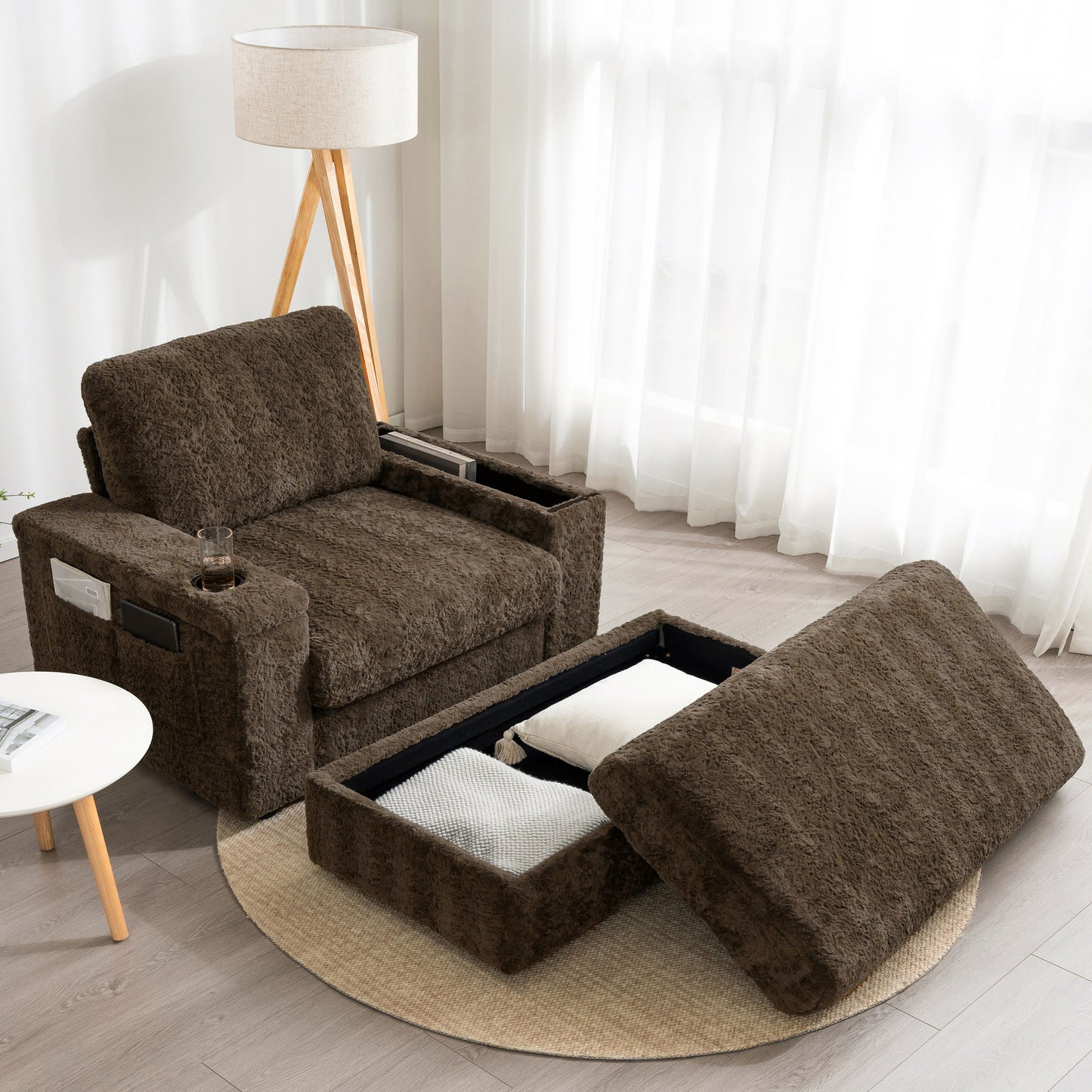 Oversized Chaise Lounge Indoor Rabbit Fur Sofa Bed With Storage Ottoman And Armrests Cup Holders With Deep Seat - Brown