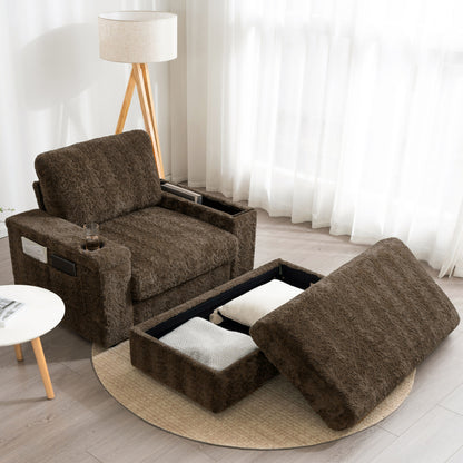 Oversized Chaise Lounge Indoor Rabbit Fur Sofa Bed With Storage Ottoman And Armrests Cup Holders With Deep Seat - Brown