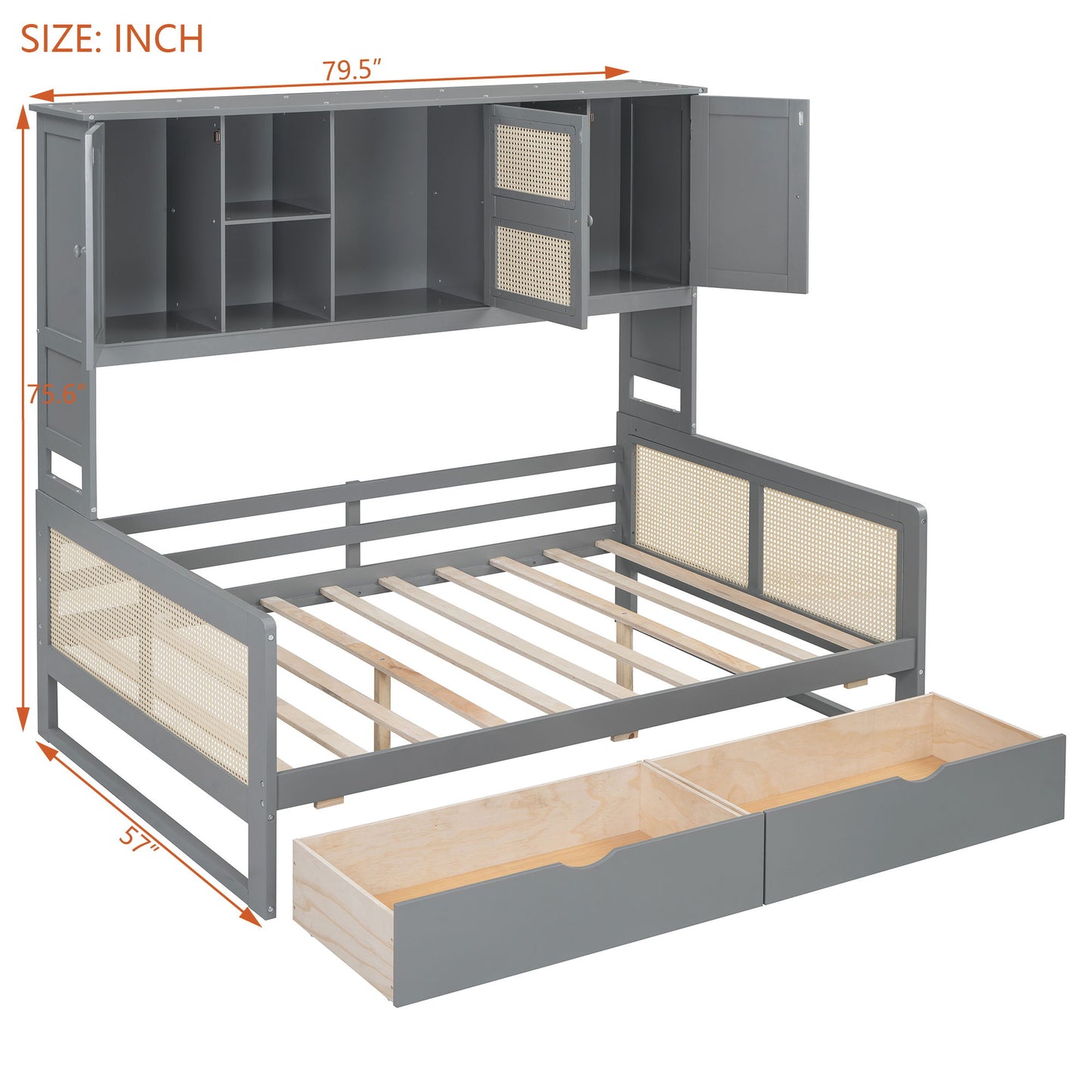 Full Size Wooden Daybed With 2 Drawers, And All In One Cabinet And Shelf - Gray