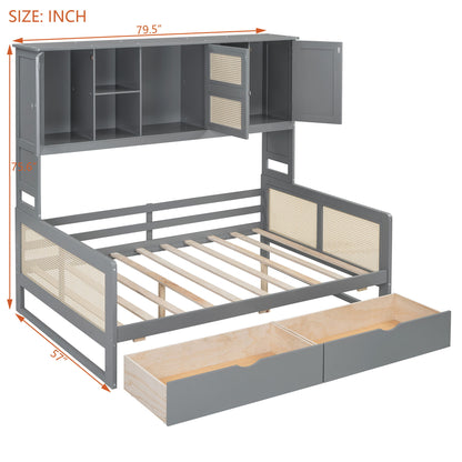 Full Size Wooden Daybed With 2 Drawers, And All In One Cabinet And Shelf - Gray