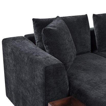 Modern L Shaped Sectional Sofa With Chenille Upholstery And Wooden Storage - Black