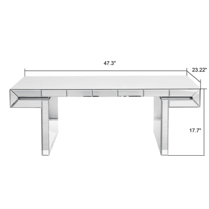Luxury Rectangular Mirror Coffee Table With Fluted Tempered Glass, Light Luxury Style - Silver