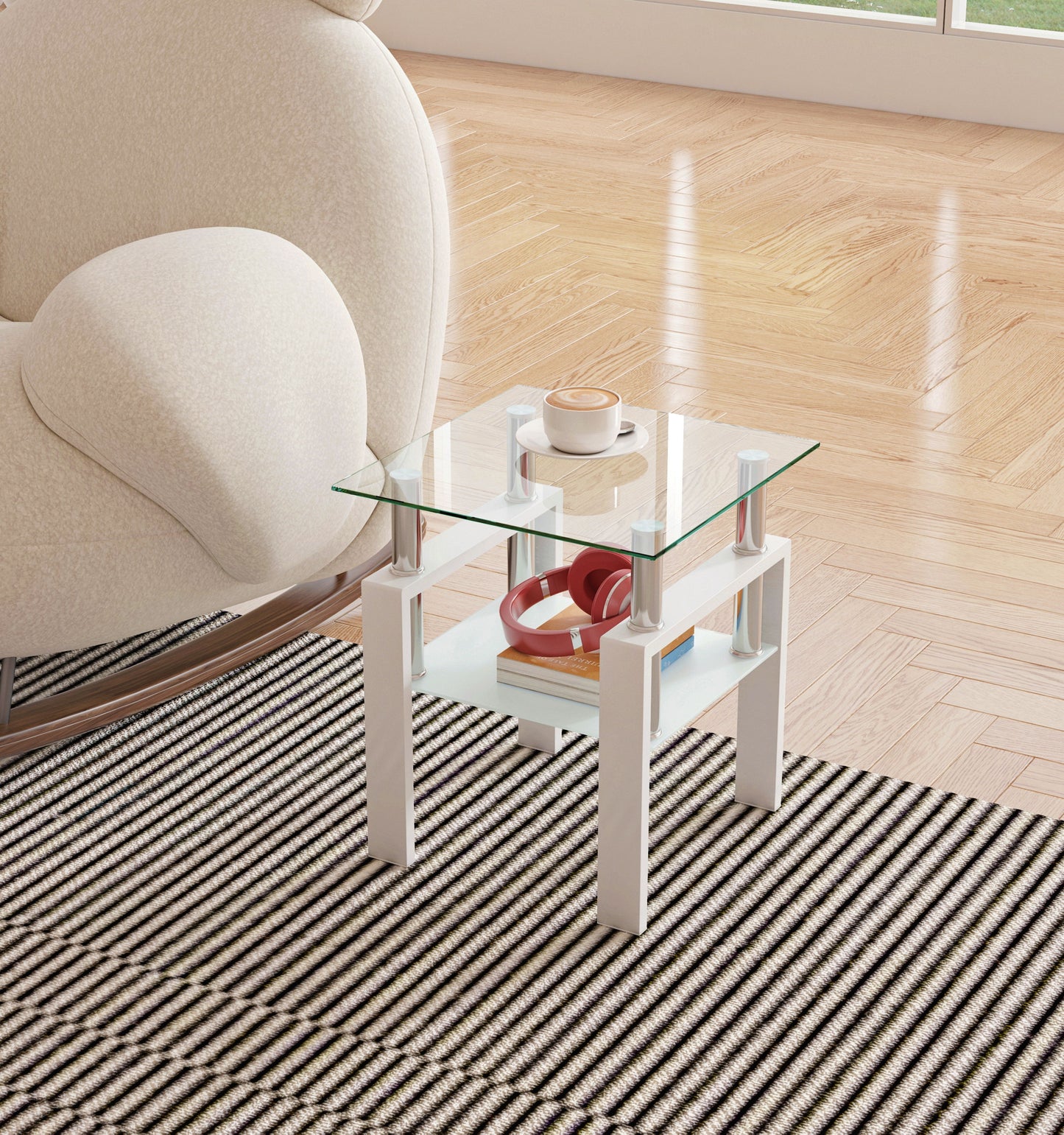 Modern Tempered Glass Tea Table, End Square Table For Living Room - Transparent / White