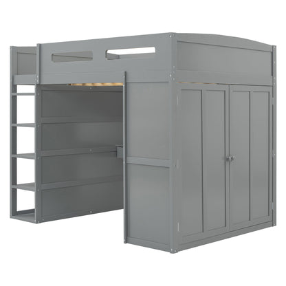 Full Size Loft Bed With Desk, Wardrobes, 4 Drawers And 4 Shelves - Gray
