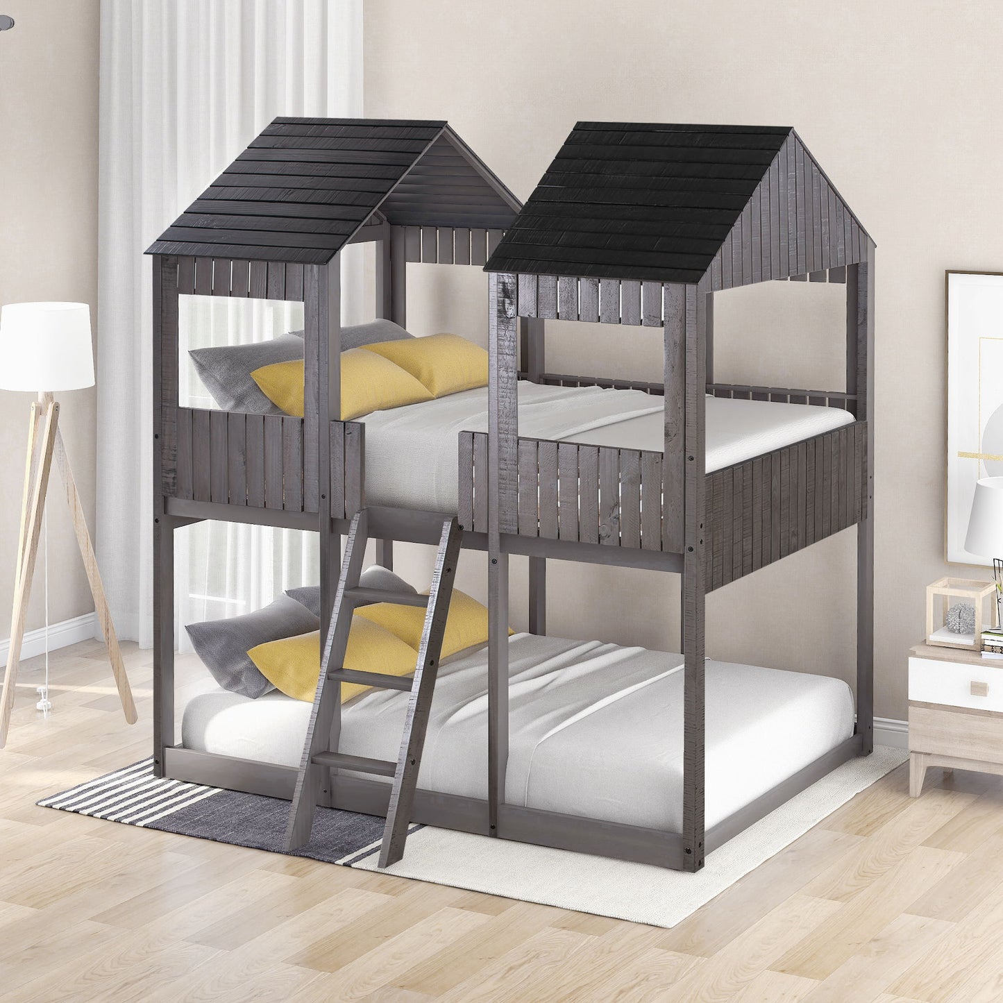Full Over Full Bunk Bed With Roof, Window, Guardrail, Ladder - Antique Gray