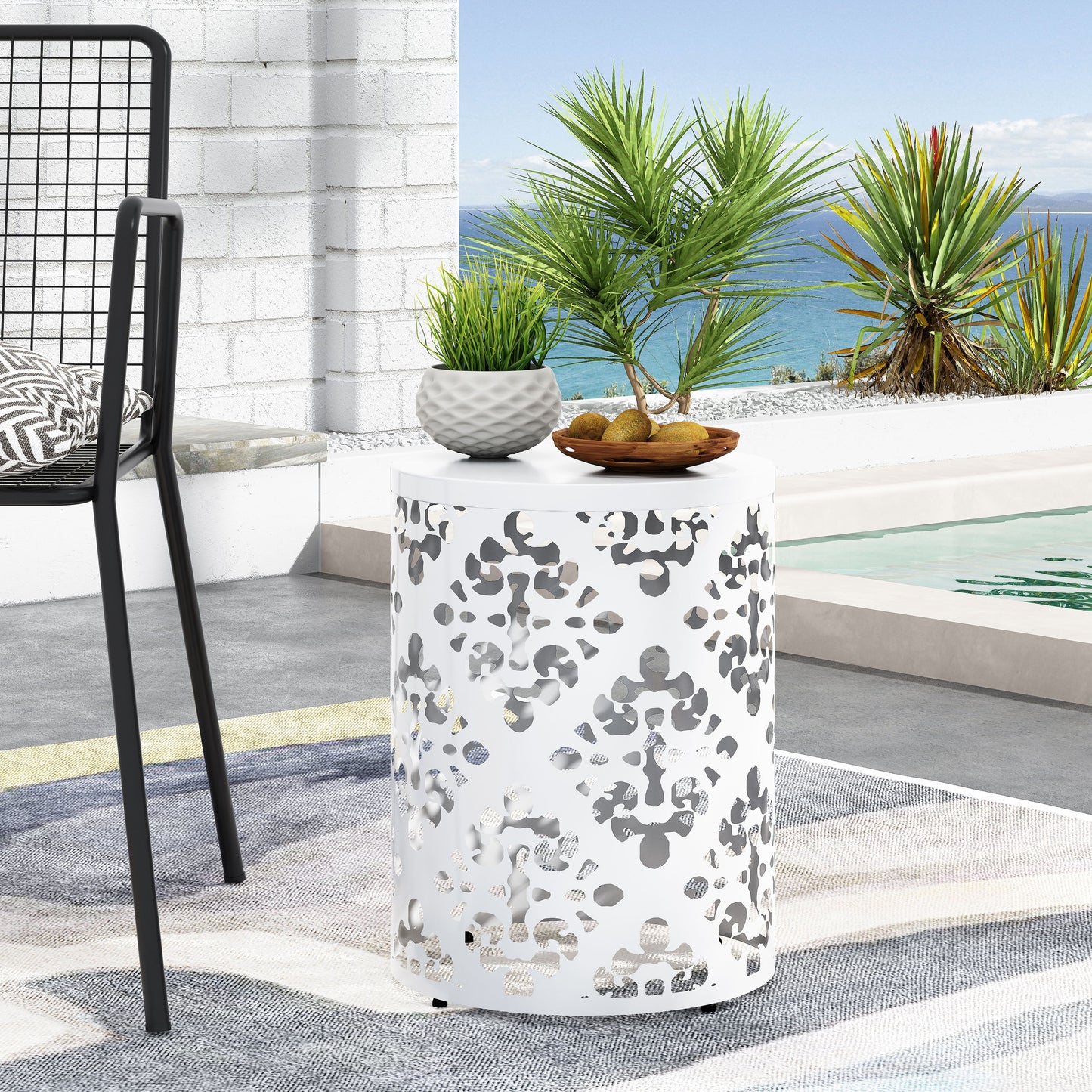 Outdoor Metal End Table, Large - White
