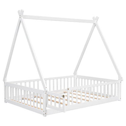 Full Tent-Shaped Floor Bed, With Guardrails, Slats, Door - White