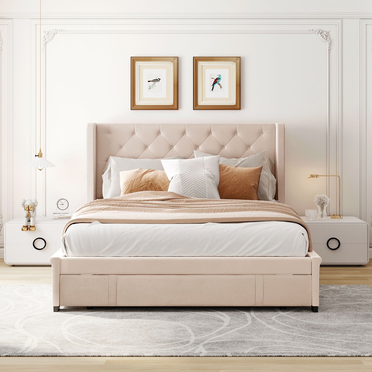 Queen Size Storage Upholstered Platform Bed With Wingback Headboard And A Big Drawer - Beige