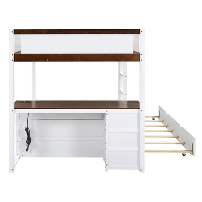 Full Over Full Bunk Bed With Twin Size Trundle, Storage And Desk - White / Walnut