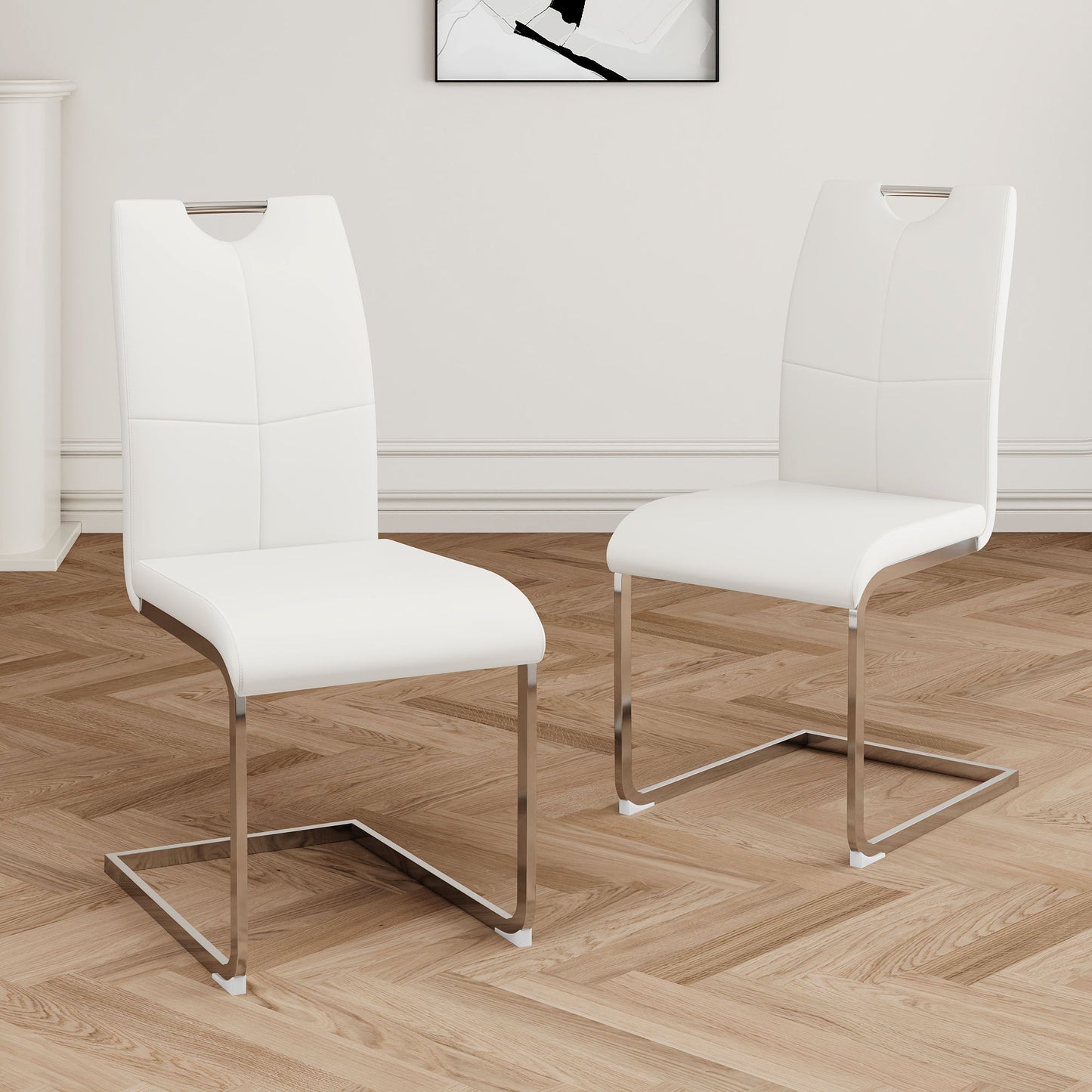 Modern Dining Chairs With Faux Leather Padded Seat And Chrome Metal Legs For Kitchen, Living, Bedroom, Dining Room - White / Silver