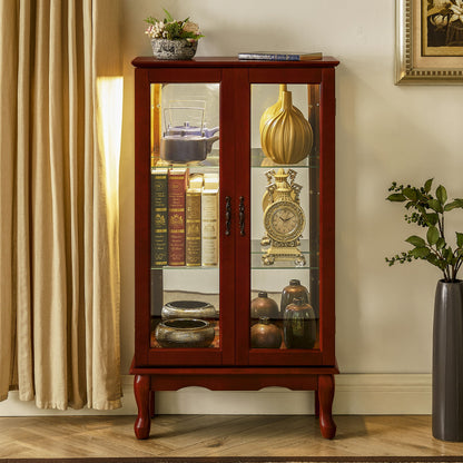 Curio Cabinet Lighted Curio Diapaly Cabinet With Adjustable Shelves And Mirrored Back Panel, Tempered Glass Doors 3 Tier, (E26 Light Bulb Not Included) - Cherry