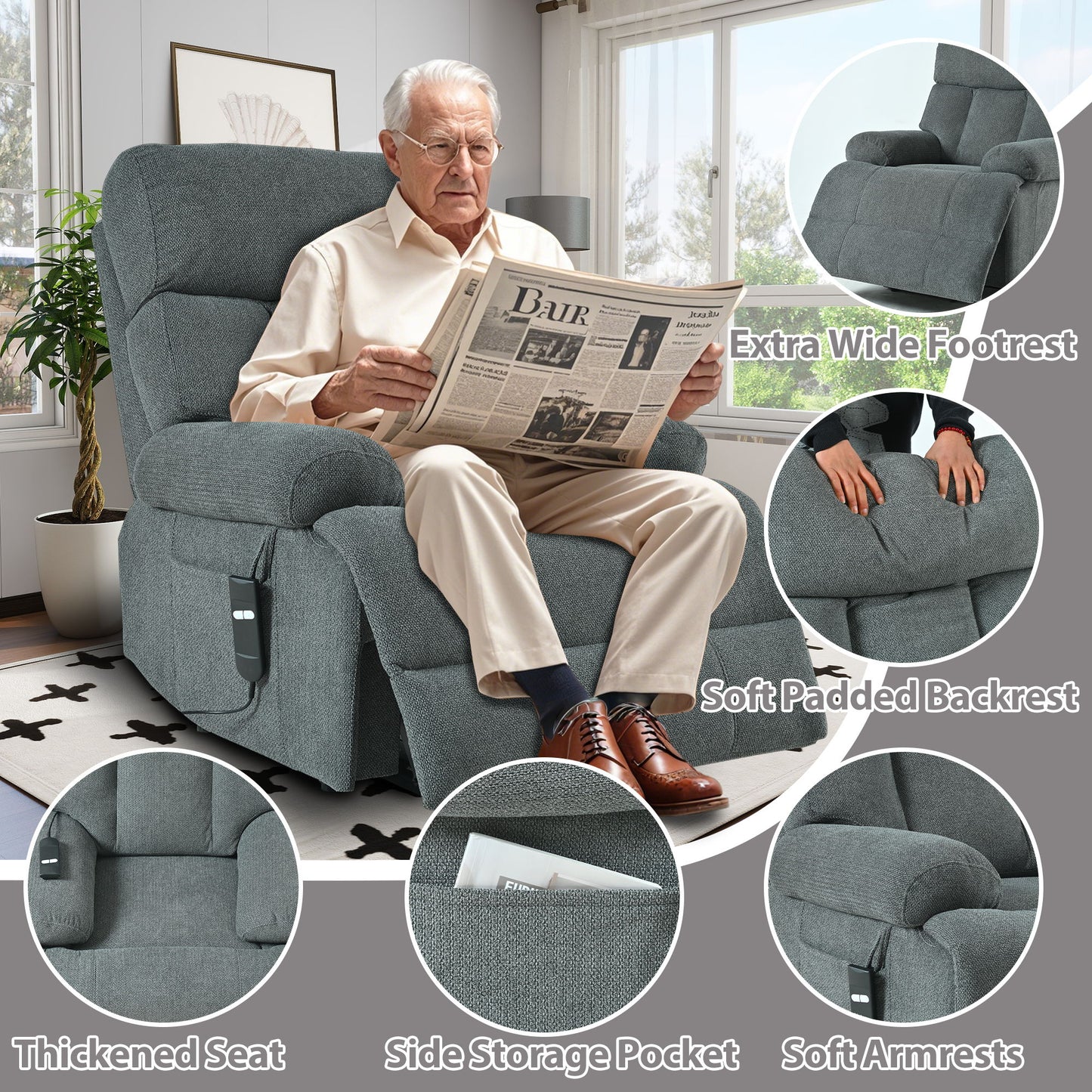 Oversized Power Lift Recliner Chair, Electric Fabric Recliner Chair, Home Theater Seating, Reclining Sofa Chair With Remote Control, Side Pocket, Spacious Seat - Dark Gray
