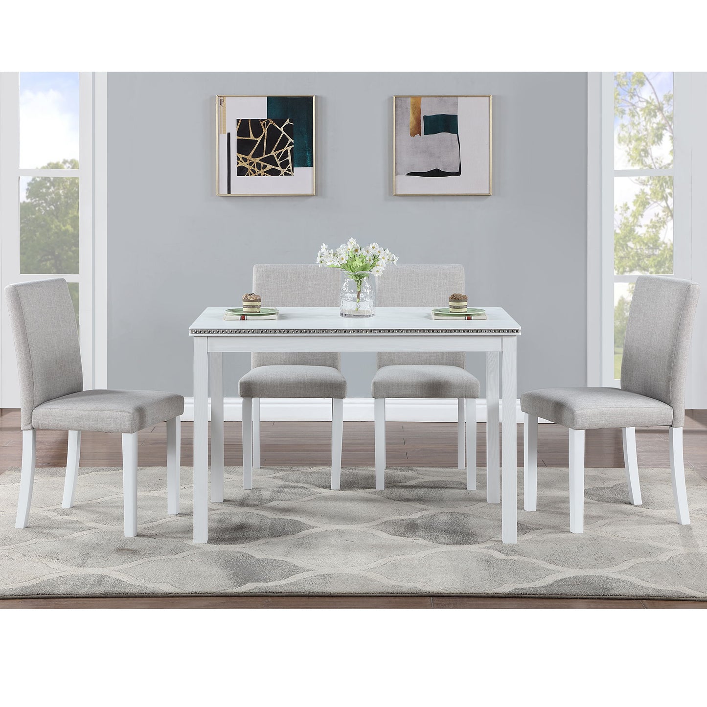 5 Piece Wooden Dining Table Set With Rectangular Table And 4 Upholstered Chairs Dining Room Set With Crystal Decoration For Kitchen Or Dining Room - Light Gray / White