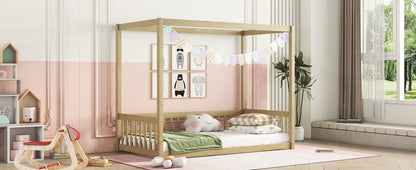 Twin Size Canopy Frame Floor Bed With Fence, Guardrails - Natural