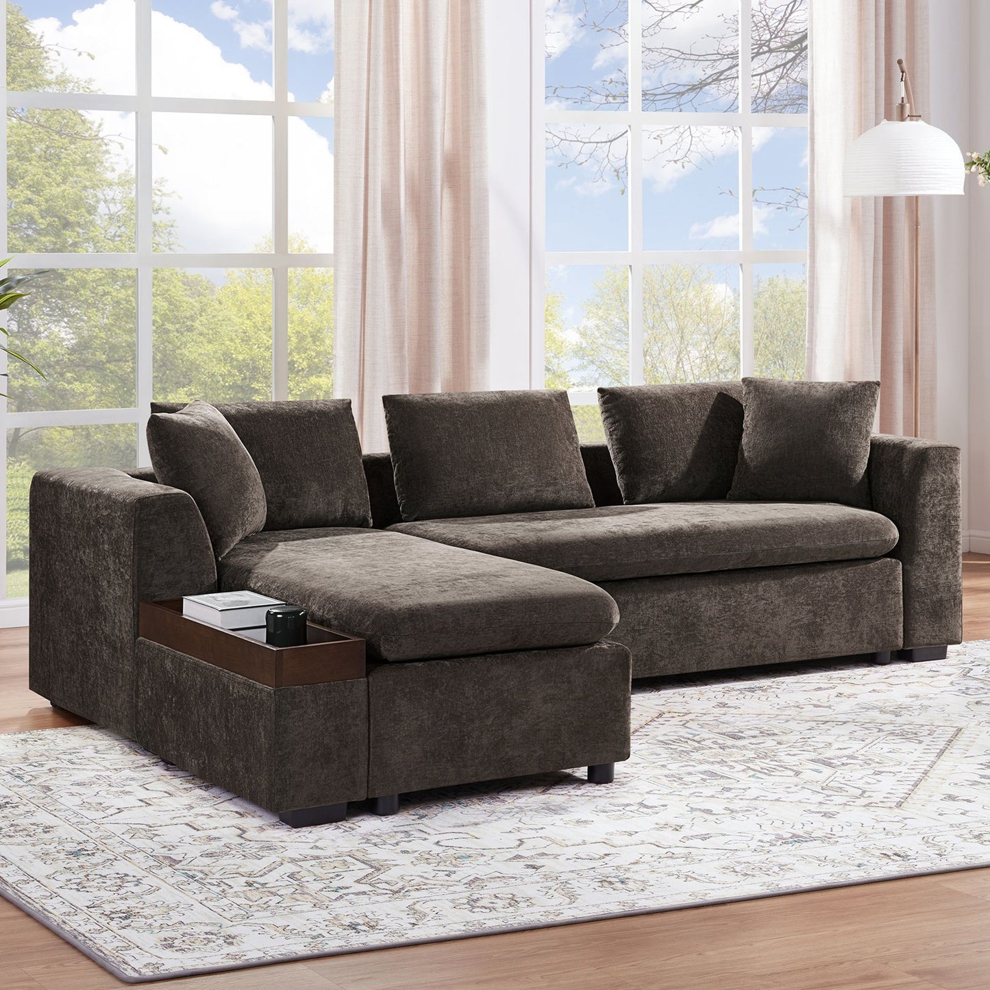 Elegant L Shaped Sectional Sofa With Chenille Upholstery And Wooden Storage Compartment - Brown