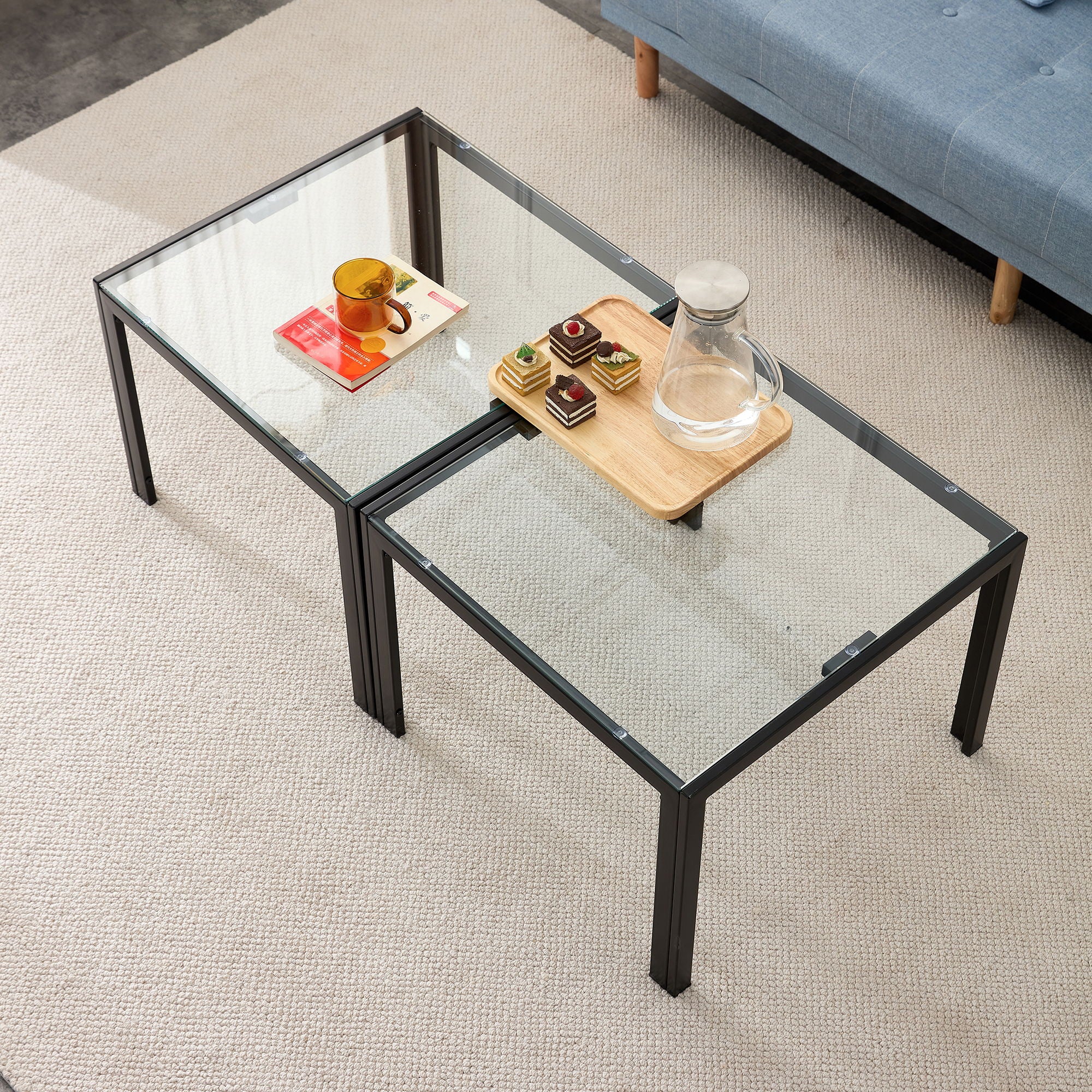 Coffee Table (Set of 2), Square Modern Table With Tempered Glass Finish For Living Room - Transparent / Black