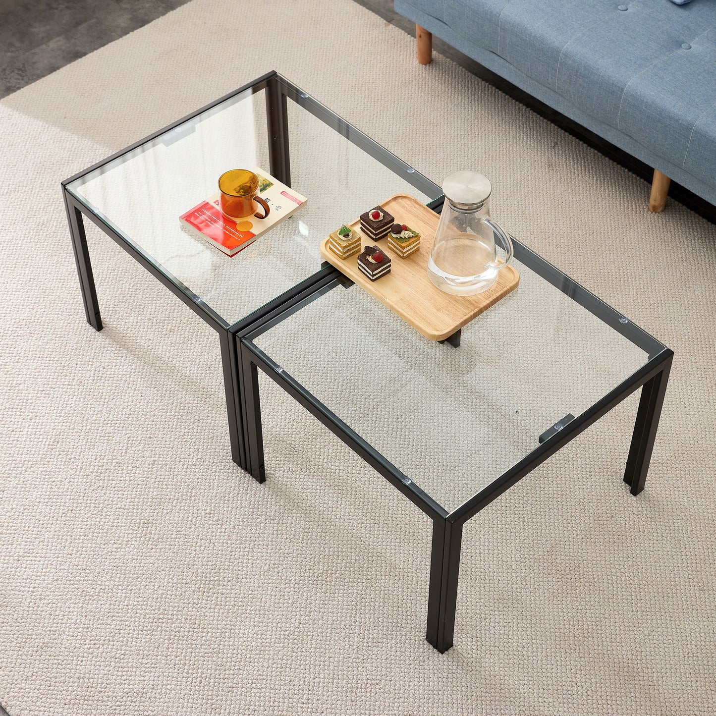 Coffee Table (Set of 2), Square Modern Table With Tempered Glass Finish For Living Room - Transparent / Black