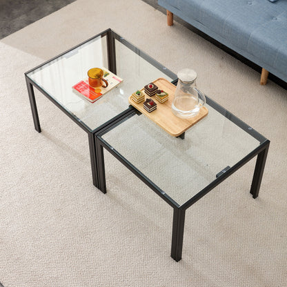Coffee Table (Set of 2), Square Modern Table With Tempered Glass Finish For Living Room - Transparent / Black