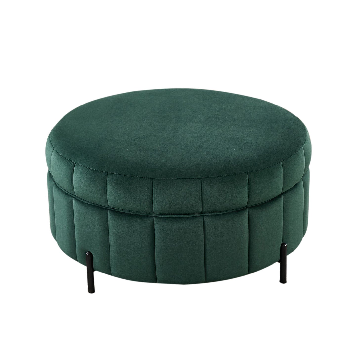Upholstered Round Ottoman With Reversible Lid, Velvet Storage Stool, Channel Tufted Pumpkin Shape Footstool For Living Room, Bedroom And Office - Green