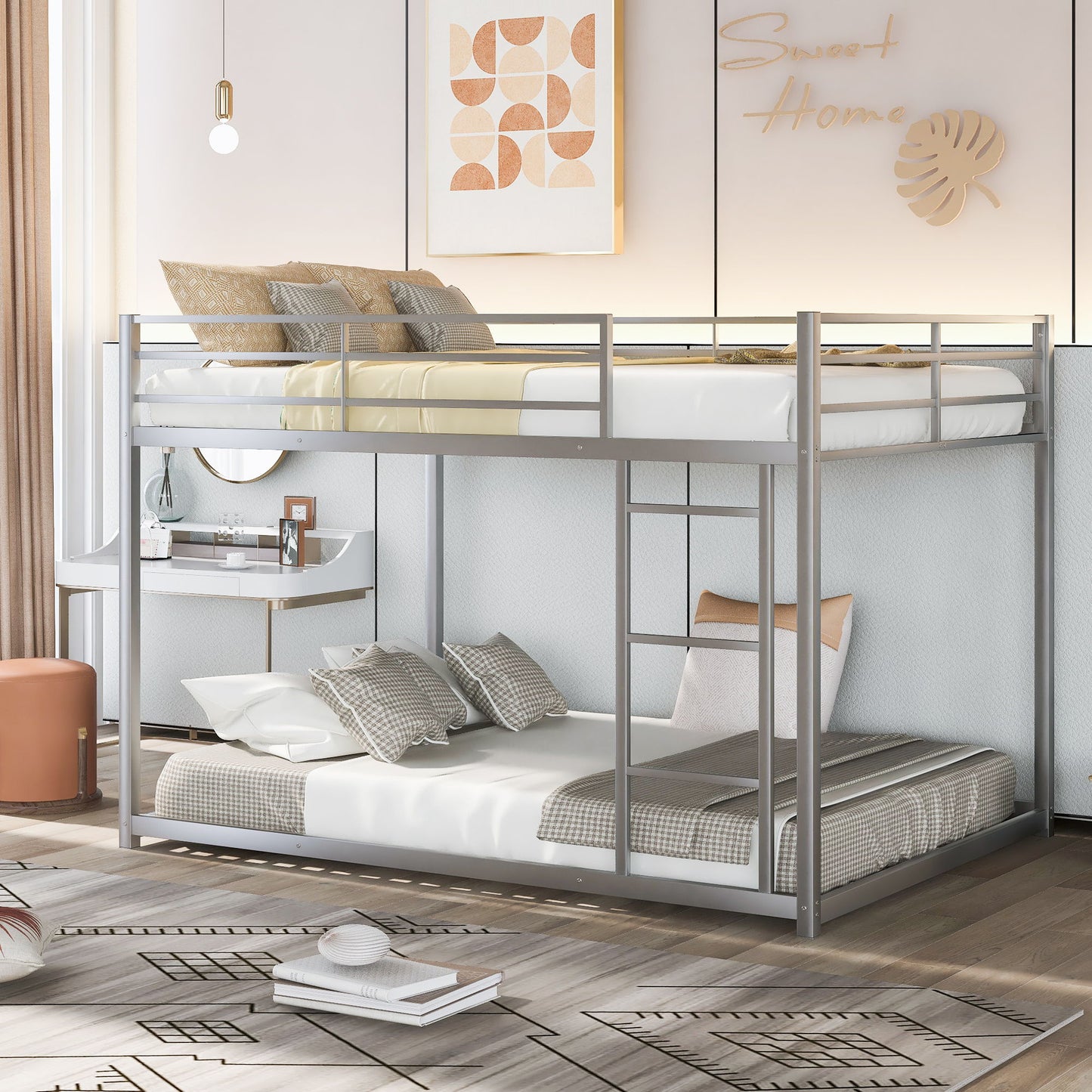 Full Over Full Metal Bunk Bed, Low Bunk Bed With Ladder - Silver