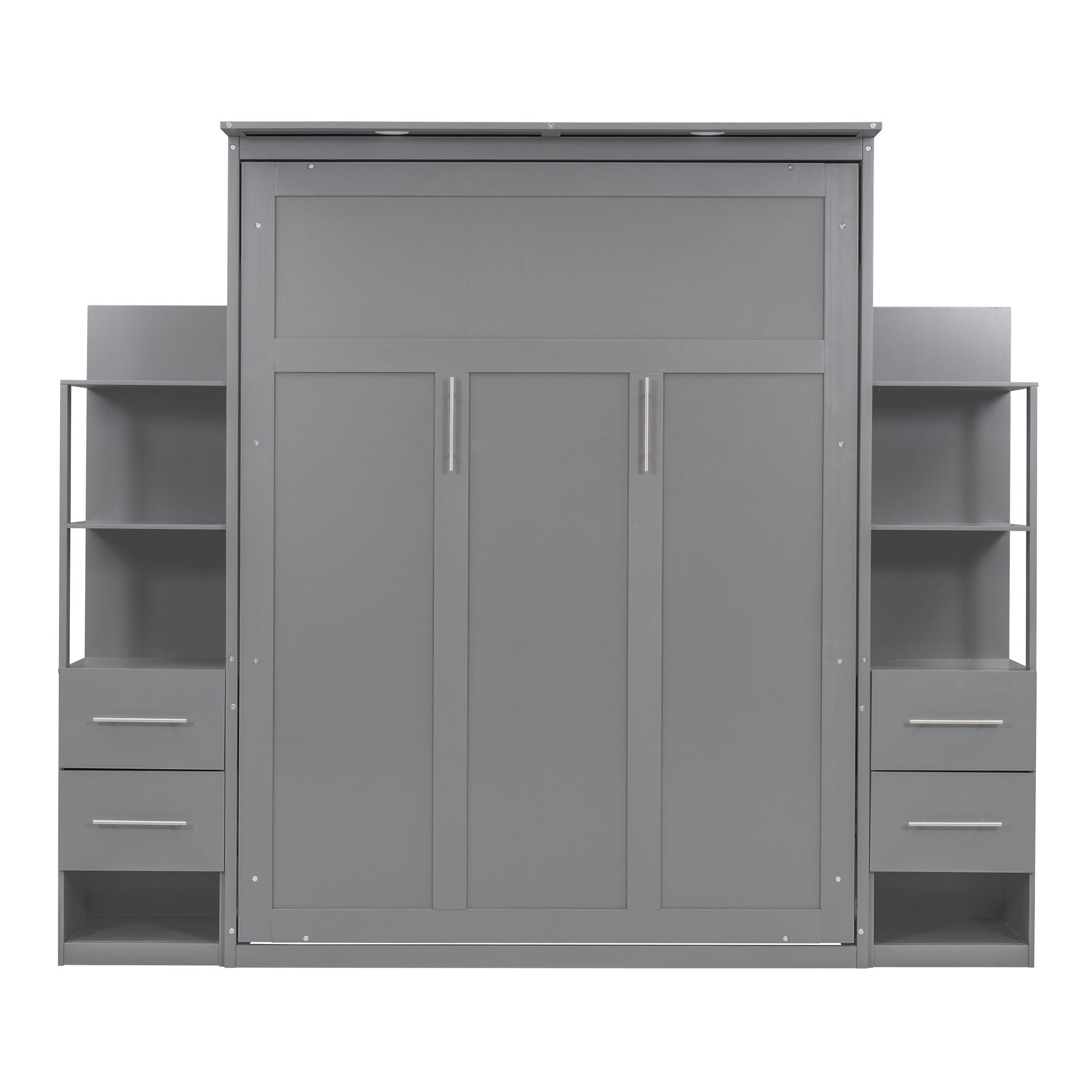 Queen Size Murphy Wall Bed With Shelves, Drawers And LED Lights - Gray