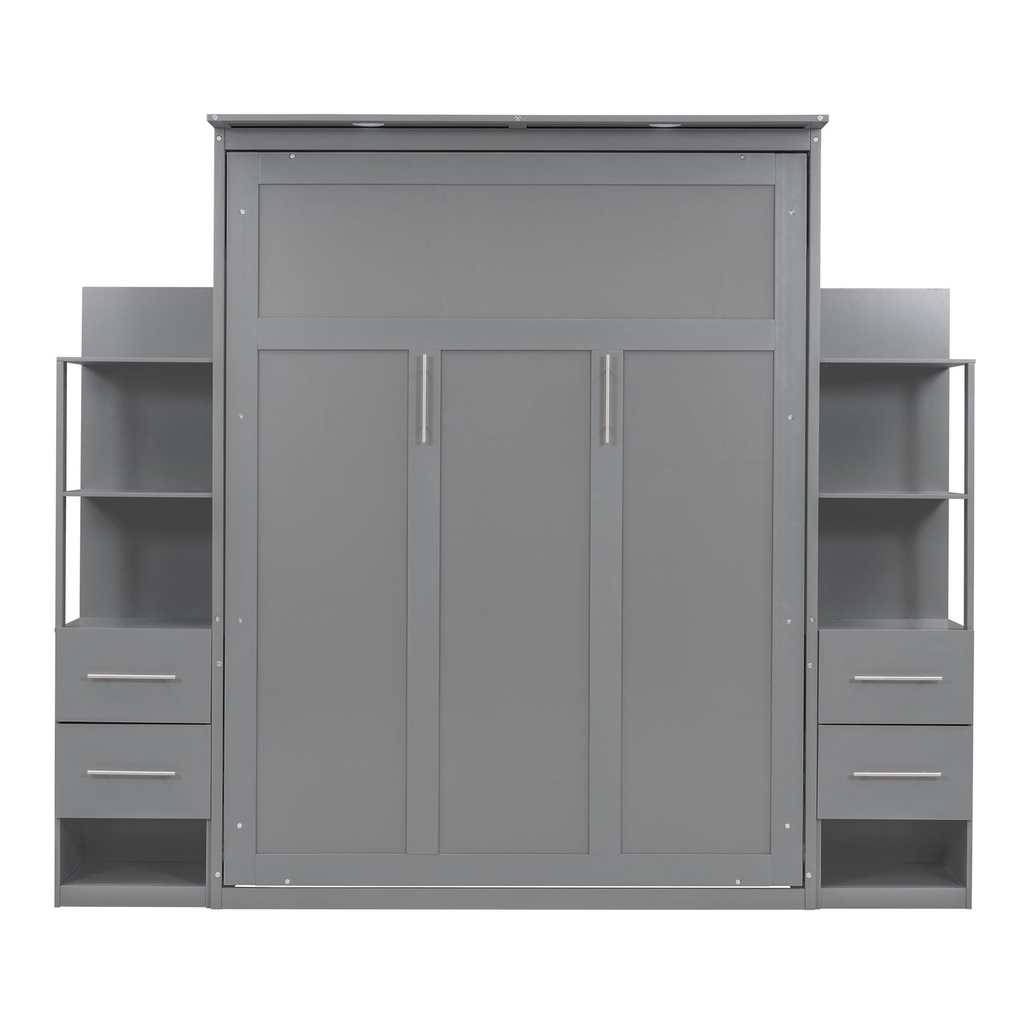 Queen Size Murphy Wall Bed With Shelves, Drawers And LED Lights - Gray