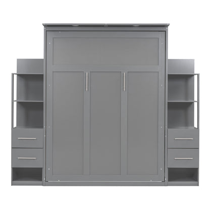 Queen Size Murphy Wall Bed With Shelves, Drawers And LED Lights - Gray