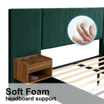 Upholstered Queen Size Bed Frame Of Velvet Tufted Headboard With Floating Nightstand LED / USB Built - Green