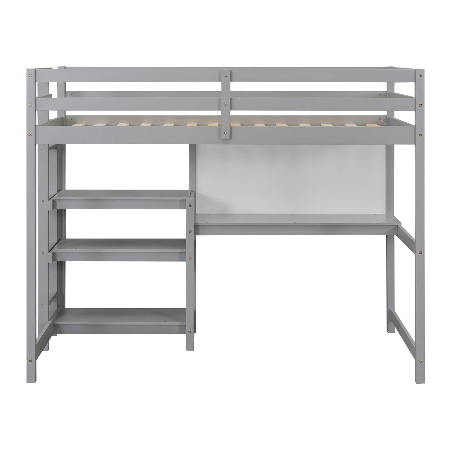 Twin Size Loft Bed With Shelves, Desk And Writing Board - Gray