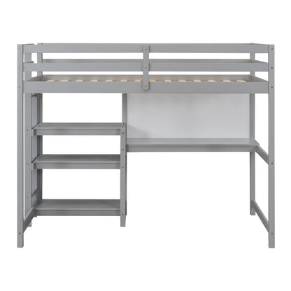 Twin Size Loft Bed With Shelves, Desk And Writing Board - Gray