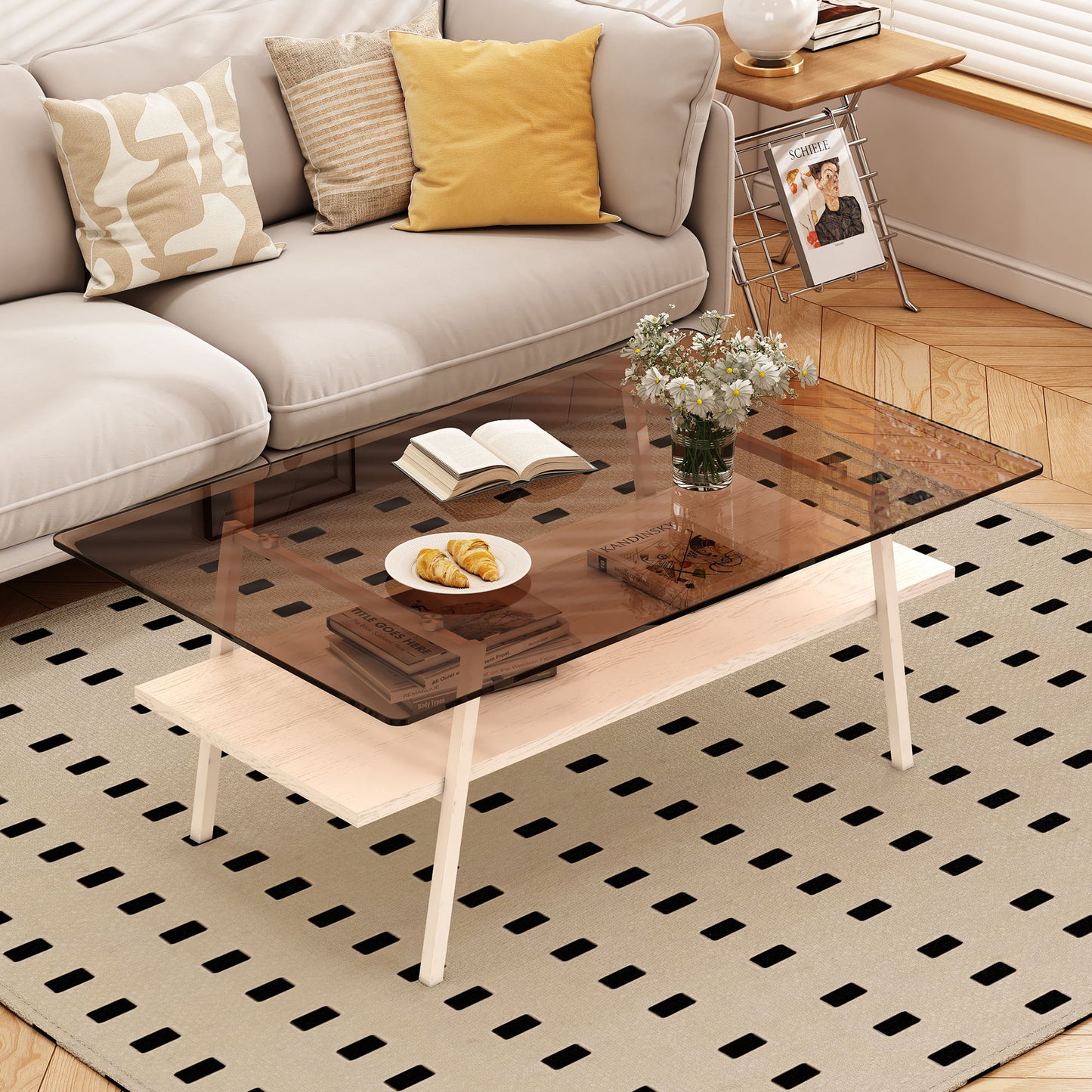 Rectangle Coffee Table, Tempered Glass Tabletop With White Metal Legs, Modern Table For Living Room - Brown / White