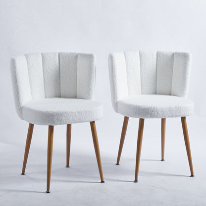 Modern Dining Chair (Set of 2) With Iron Tube Wood Color Legs, Shorthair Cushions And Comfortable Backrest, Suitable For Dining Room, Living Room, Cafe, Simple Structure - White