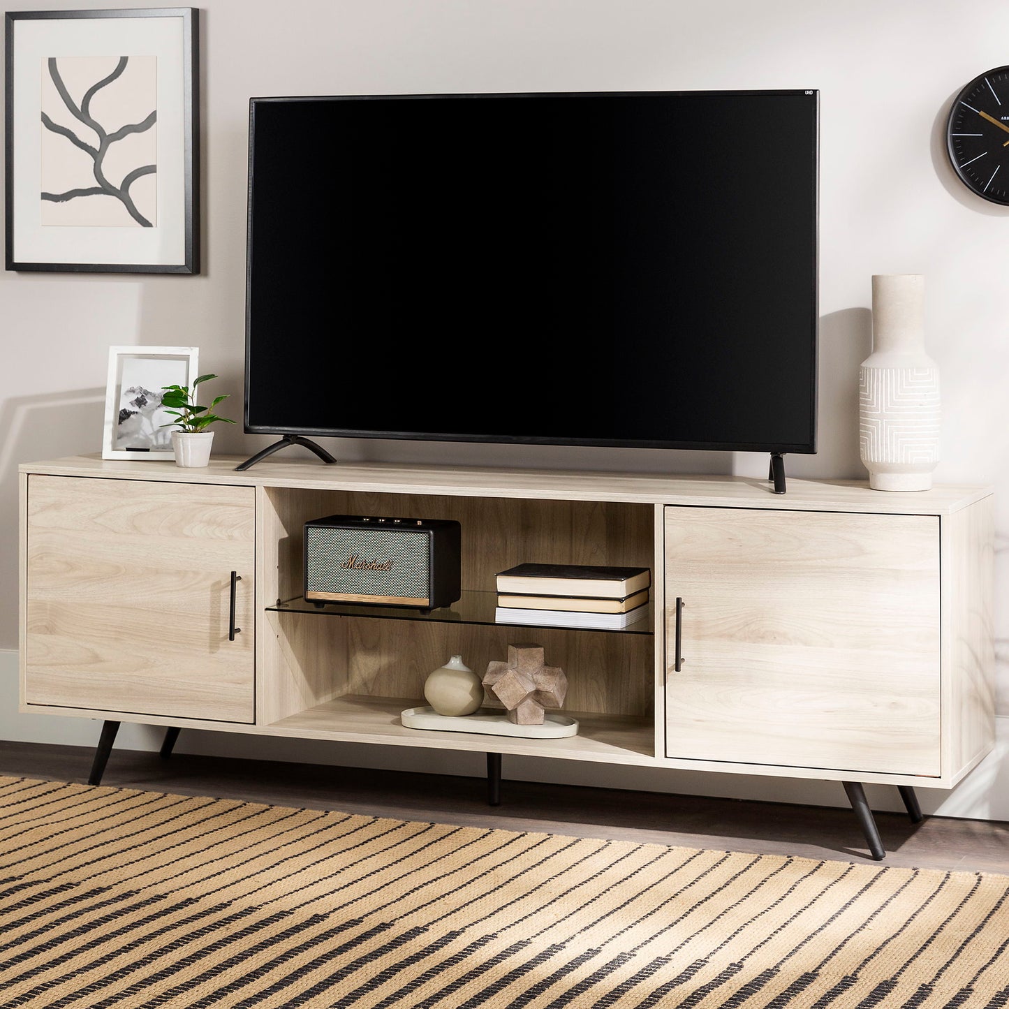 Mid-Century Modern 2 Door 70" TV Stand For 80" TVs With Glass Shelf - Slate Gray